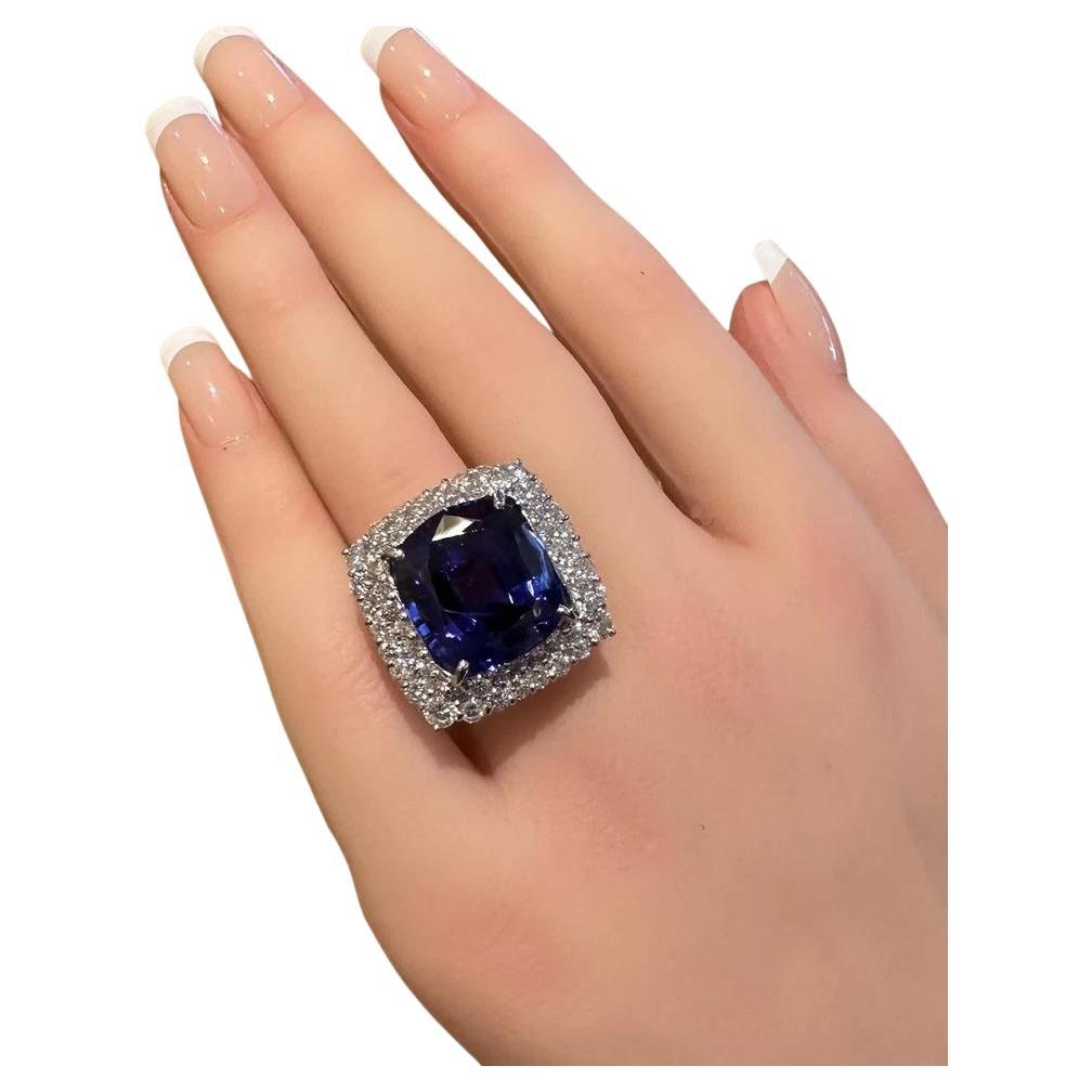 GIA 19.97 carat Cushion Tanzanite Ring with Diamond Halo in Platinum