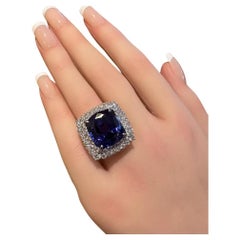GIA 19.97 carat Cushion Tanzanite Ring with Diamond Halo in Platinum