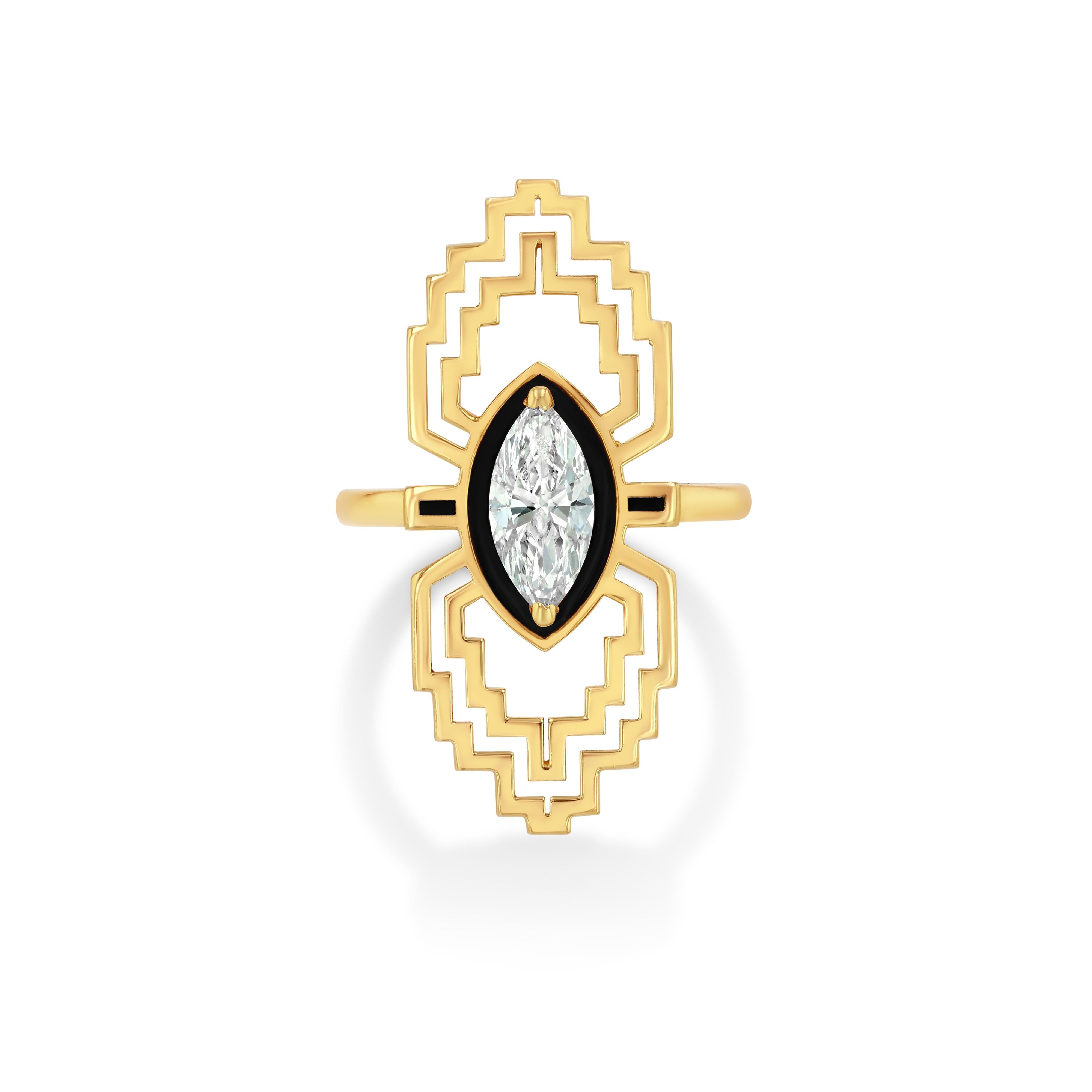 GIA Bague ancienne en diamant taillé en marquise de 1ct avec émail noir