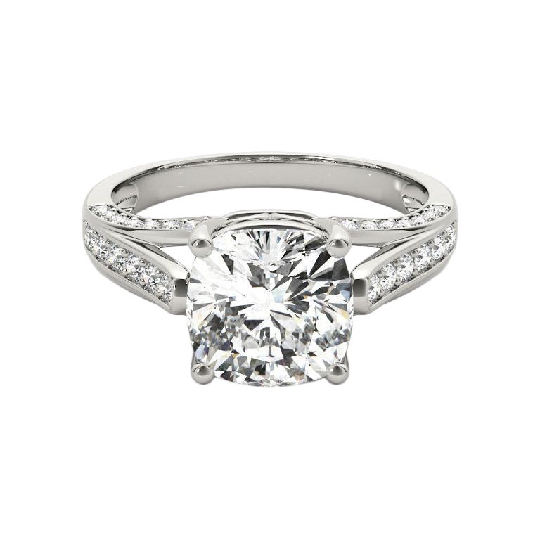 GIA 1ct Cushion Scrolling Ribbon Pave Cathedral Bague diamant en or blanc