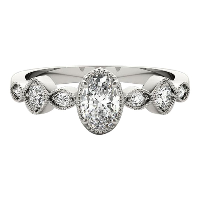 GIA 1ct Oval Bezel Set Multi-Stone Milgrain 18K White Gold Diamond Ring (bague à diamants en or blanc)