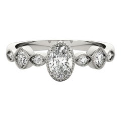 GIA 1ct Oval Bezel Set Multi-Stone Milgrain 18K White Gold Diamond Ring (bague à diamants en or blanc)
