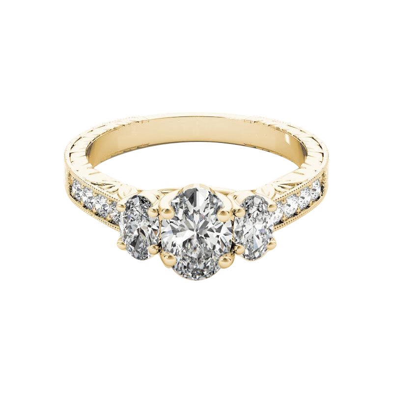 GIA Bague à trois pierres ovales de 1ct en or jaune 18 carats gravée en canal