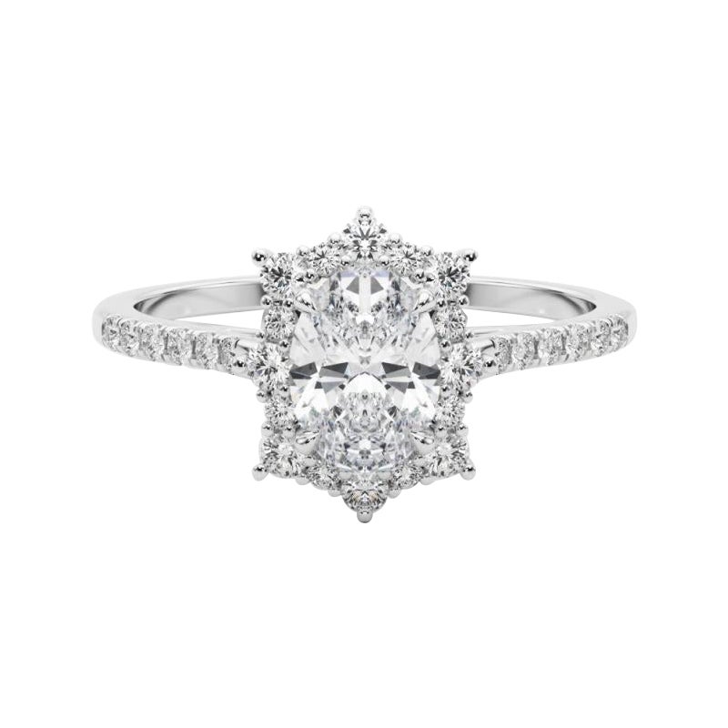 GIA 1ct Anello ovale vintage con fiocco di neve e aureola di diamanti