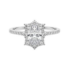 GIA 1ct Anello ovale vintage con fiocco di neve e aureola di diamanti