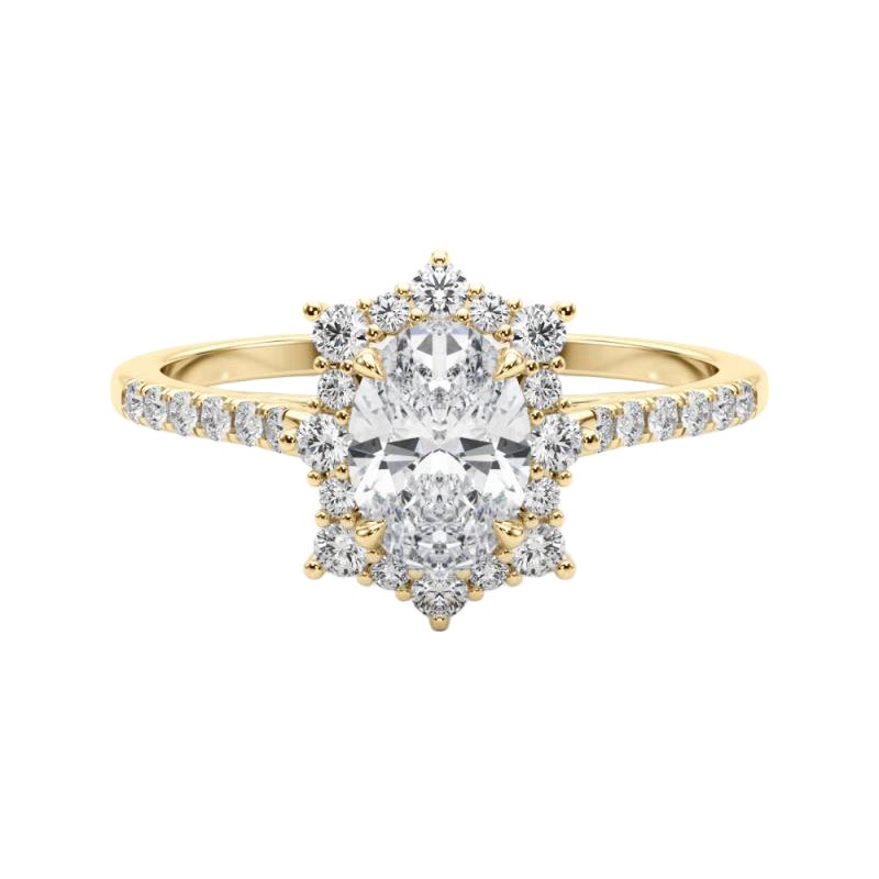 GIA 1ct Anello ovale vintage con fiocco di neve e aureola in oro giallo