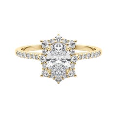 GIA 1ct Anello ovale vintage con fiocco di neve e aureola in oro giallo