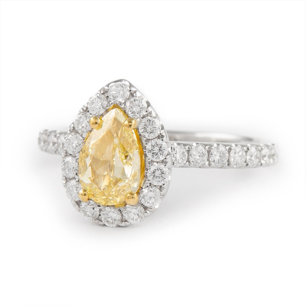 Contemporary GIA 1ct Pear Fancy Yellow Diamond with Diamond Halo Ring 18k White Gold For Sale