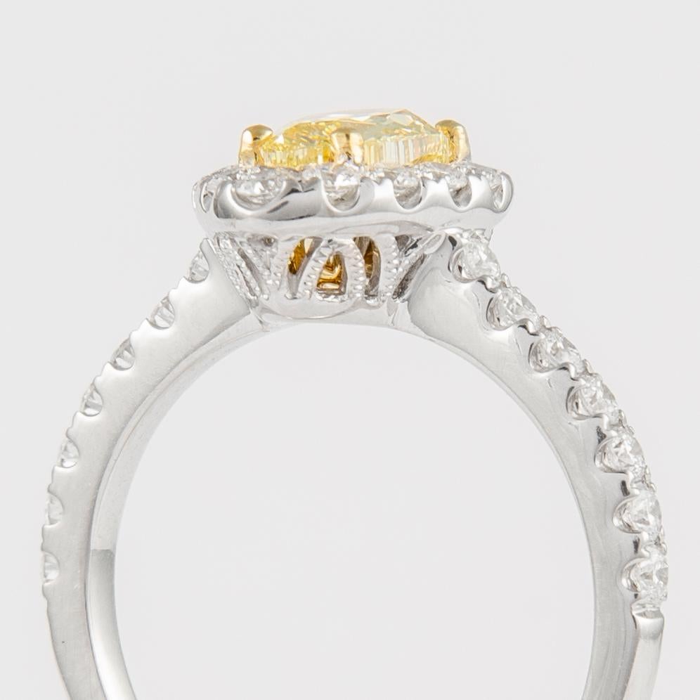 Women's GIA 1ct Pear Fancy Yellow Diamond with Diamond Halo Ring 18k White Gold For Sale
