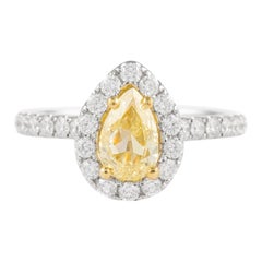 GIA 1ct Pear Fancy Yellow Diamond with Diamond Halo Ring 18k White Gold