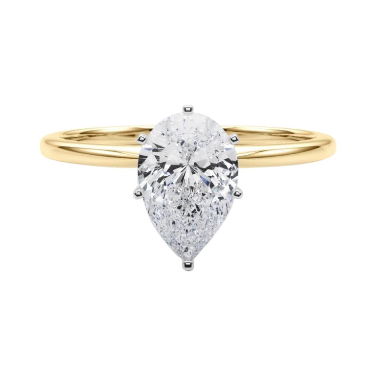 GIA 1ct Pear Prong Set Solitaire Slim Band Bague diamant en or jaune 18K