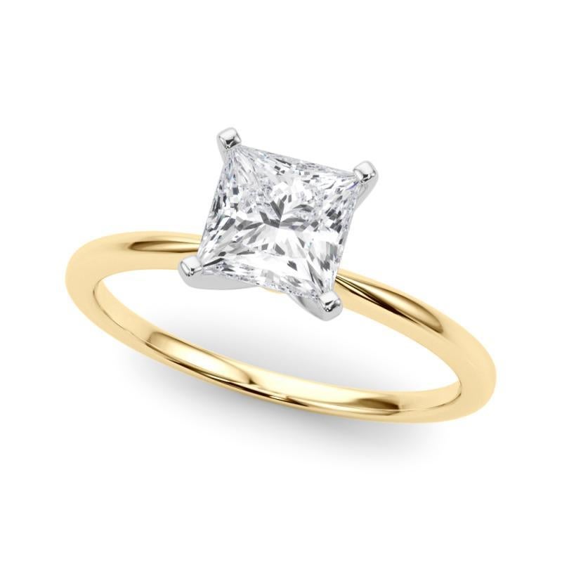 Taglio princess GIA 1ct Princess Slim Band Prong Set Solitaire Anello di diamanti in oro giallo 18K in vendita