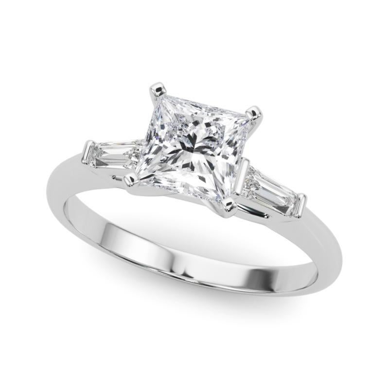Taille princesse GIA Bague à diamant en or blanc 18K de 1ct Princesse à trois pierres Baguette effilée en vente