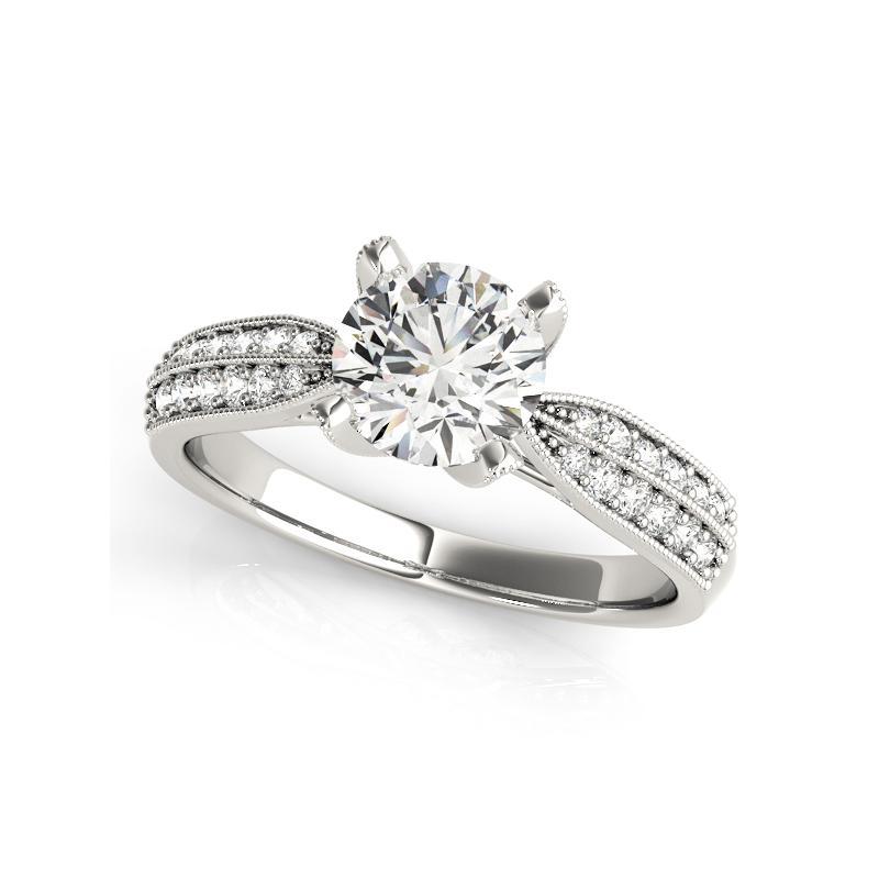 Round Cut GIA 1ct Round Tulip Four-Prong Milgrain Pave  Diamond Ring For Sale