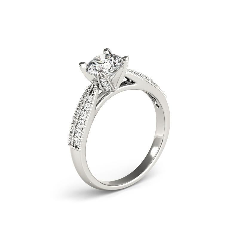 Women's GIA 1ct Round Tulip Four-Prong Milgrain Pave  Diamond Ring For Sale