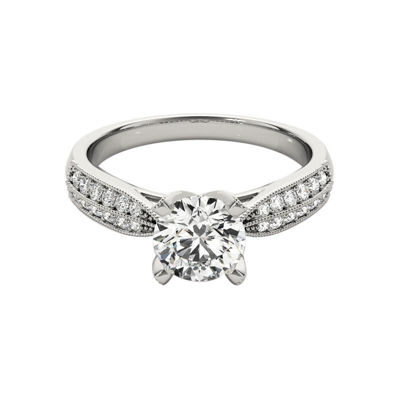 GIA 1ct Round Tulip Four-Prong Milgrain Pave  Diamond Ring For Sale