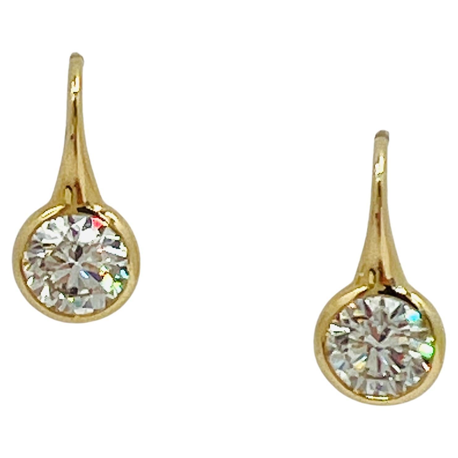 GIA 2 Carat Each White Round Diamond Dangle Bezel Earrings in 18K Yellow Gold