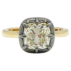 GIA 2 Carat Old Mine Prong Bezel Ring in Black Silver Top & 18K Yellow Gold
