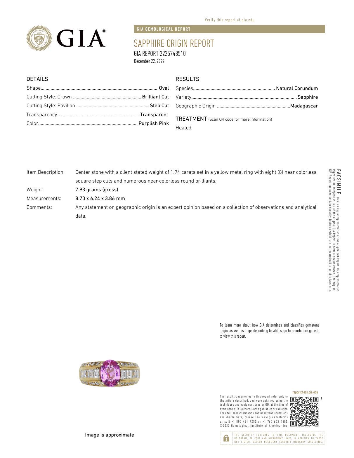 GIA 2 quilates zafiro rosa diamante 18k oro amarillo anillo de tres piedras en Excelente Estado en Beverly Hills, CA