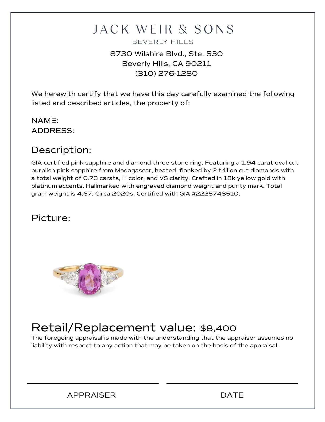 Femenino o masculino GIA 2 quilates zafiro rosa diamante 18k oro amarillo anillo de tres piedras