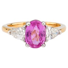 GIA 2 quilates zafiro rosa diamante 18k oro amarillo anillo de tres piedras