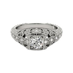GIA Anello con diamante antico in oro bianco 18 carati da 2 carati Princess Milgrain Openwork