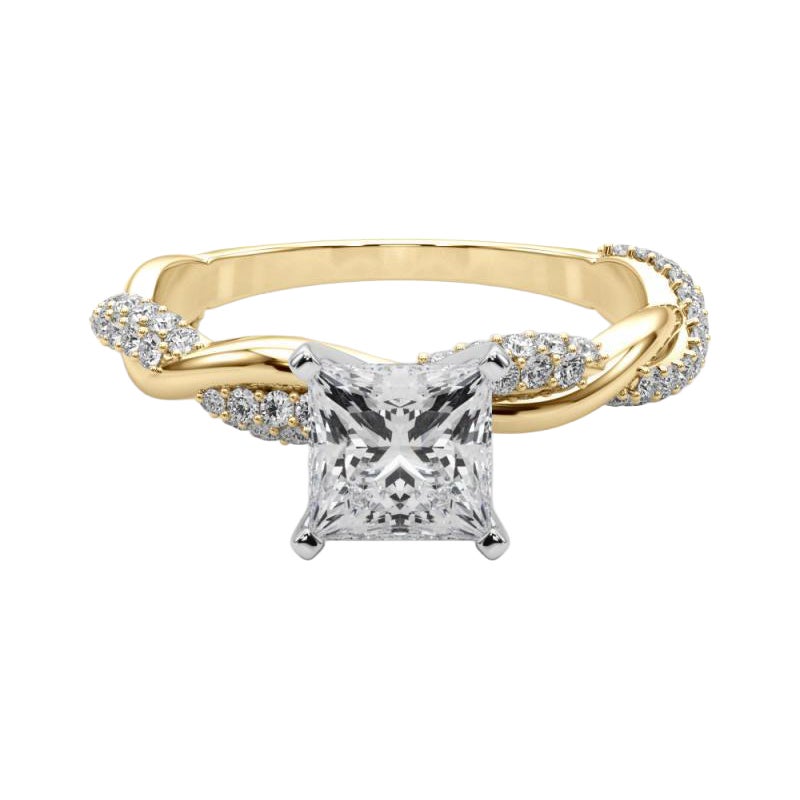 GIA Anello di diamanti in oro giallo 18 carati da 2 carati con fascia intrecciata a pave ritorto