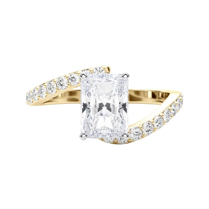 GIA 2 Carat Radiant Curved Bypass Pave Shank 18K Yellow Gold Diamond Ring