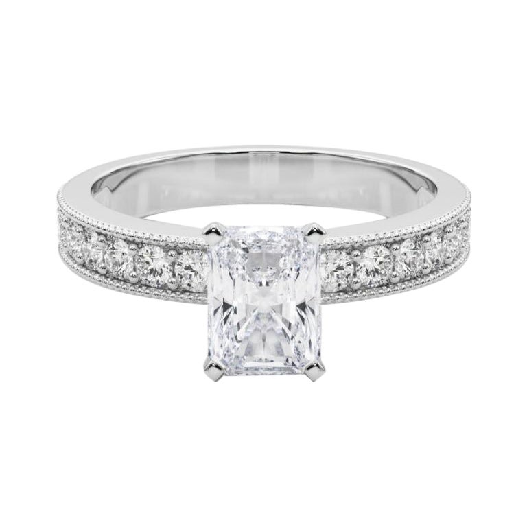 GIA 2 Carati Radiant Vintage Milgrain Channel Anello con diamante in oro bianco 18K