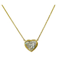 GIA 2 Carat White Diamond Heart Bezel Pendant Necklace in 18K Yellow Gold