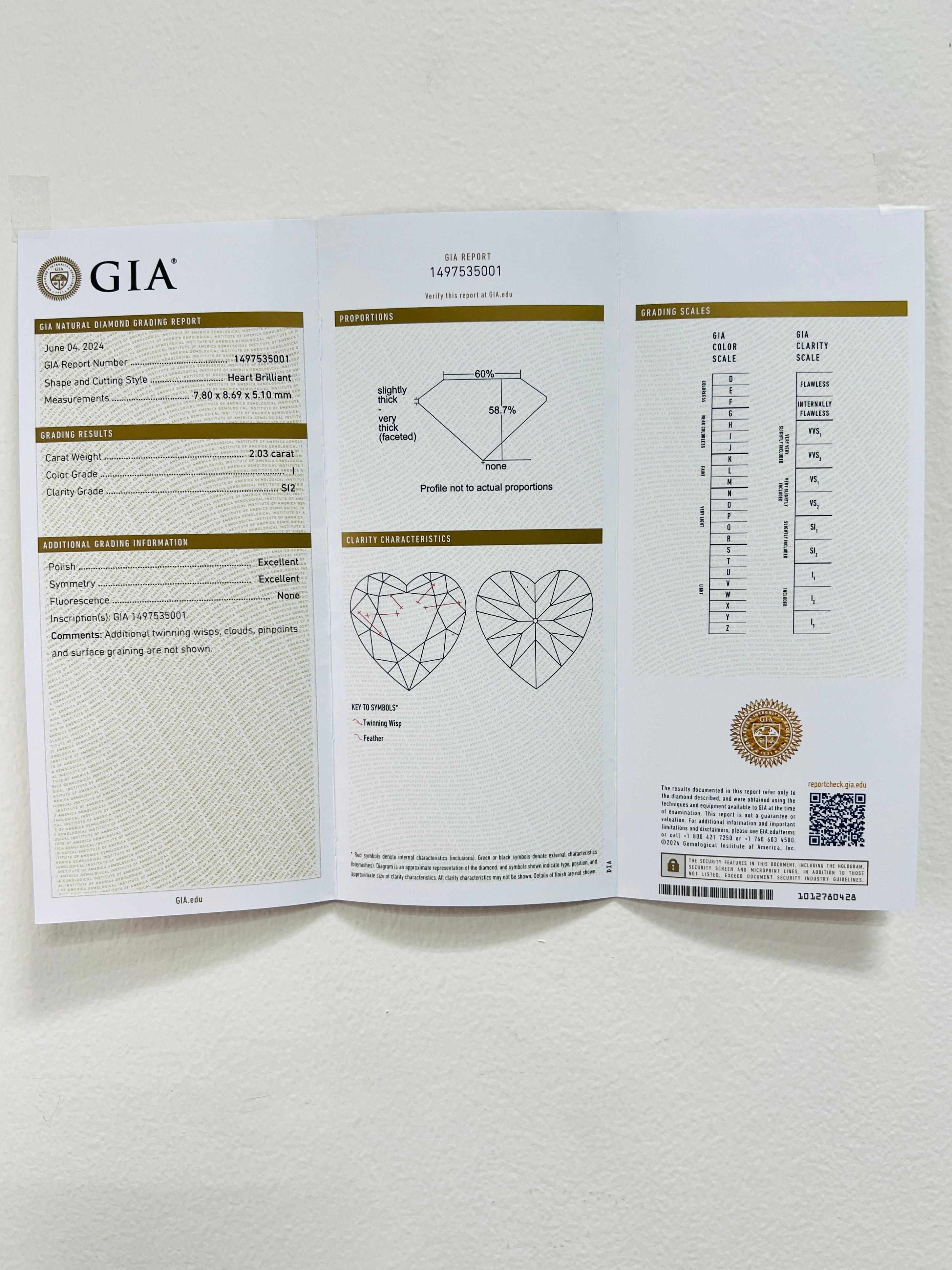 GIA 2 Carat White Diamond Heart Pendant Necklace in 18K Yellow Gold For Sale 4