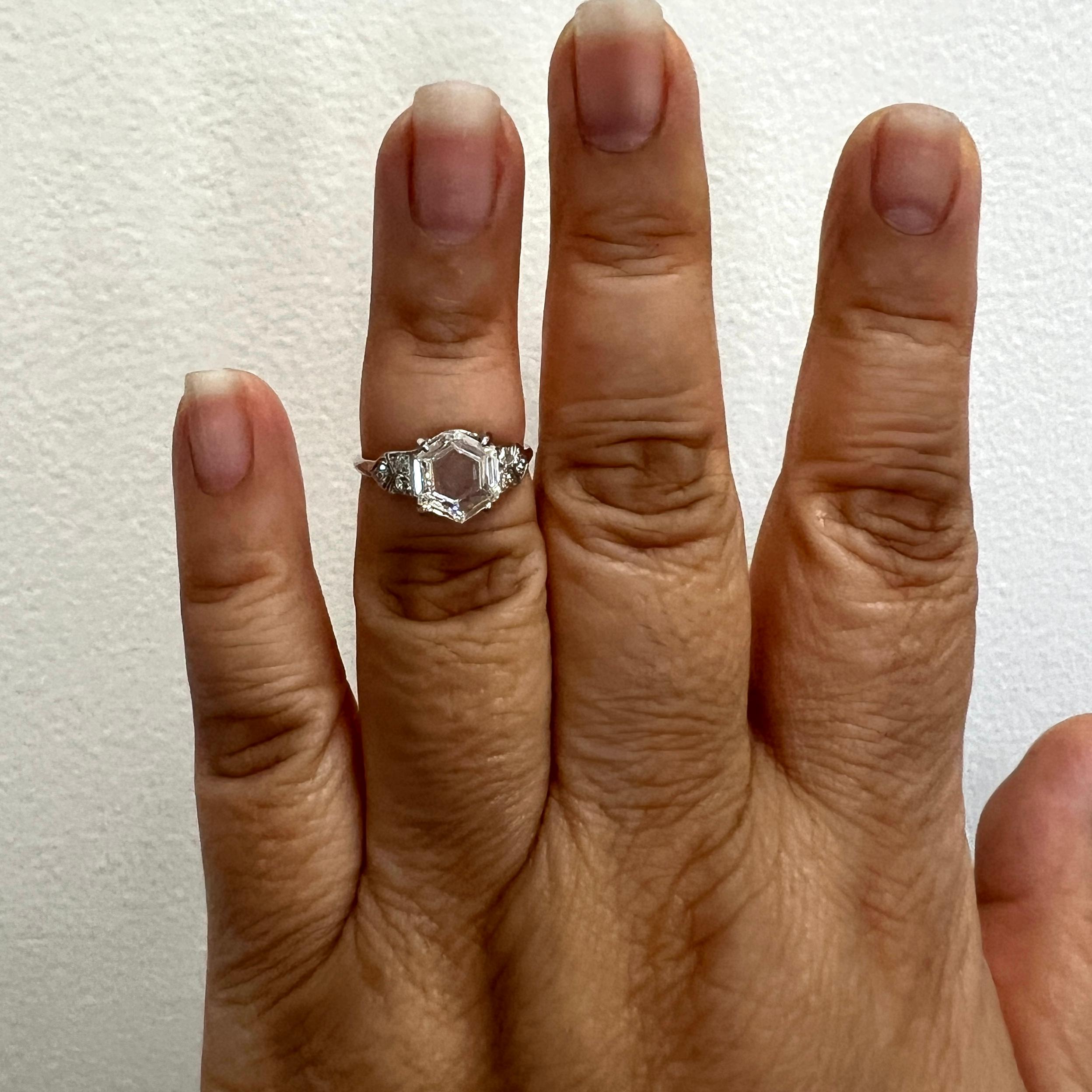 Beautiful 2.17 ct. I VS1 white diamond hexagon shape.  Handmade in platinum.  Ring size 6.  Comes with a GIA certificate.