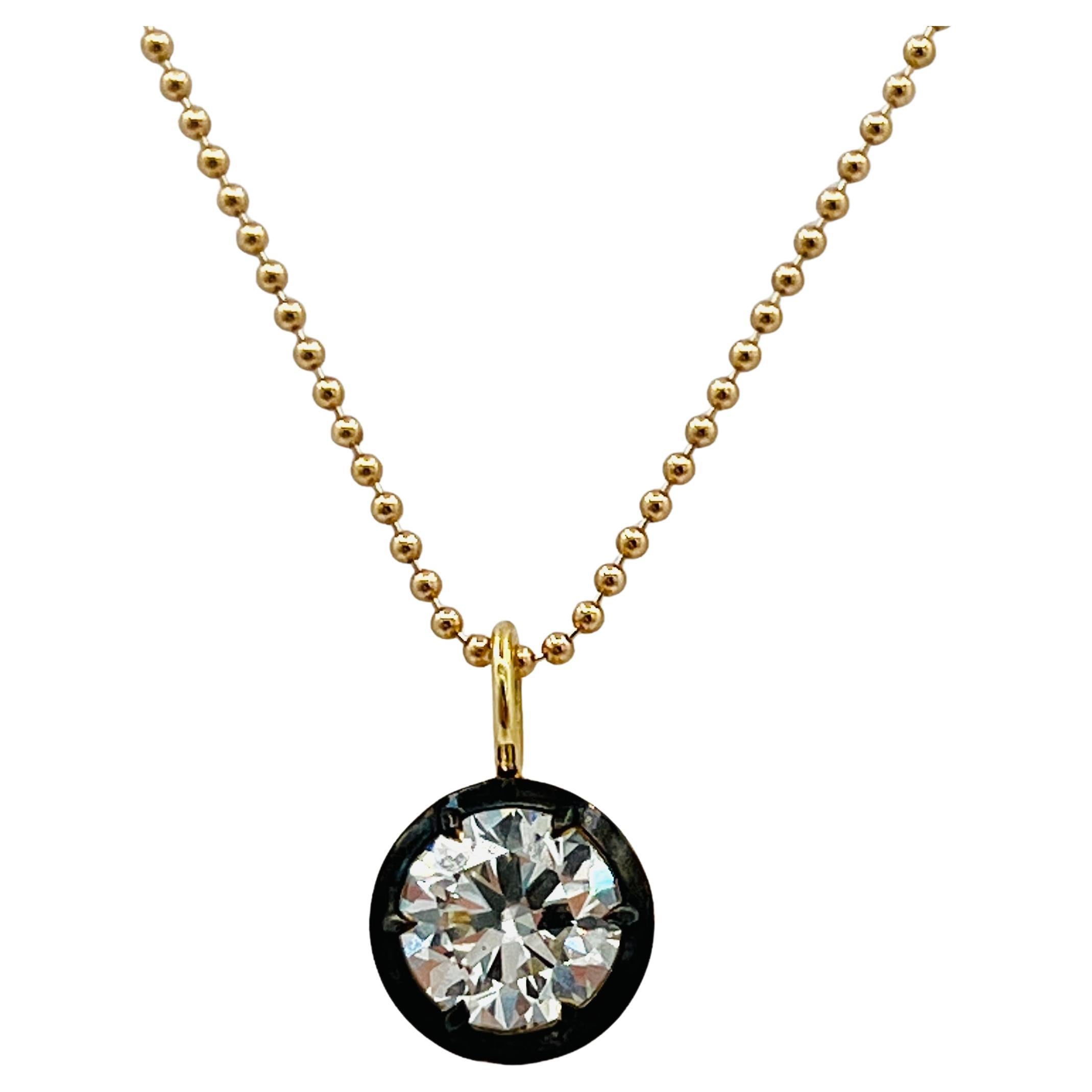 GIA 2 Carat White Diamond Round in Black Rhodium & 18K Yellow Gold Necklace