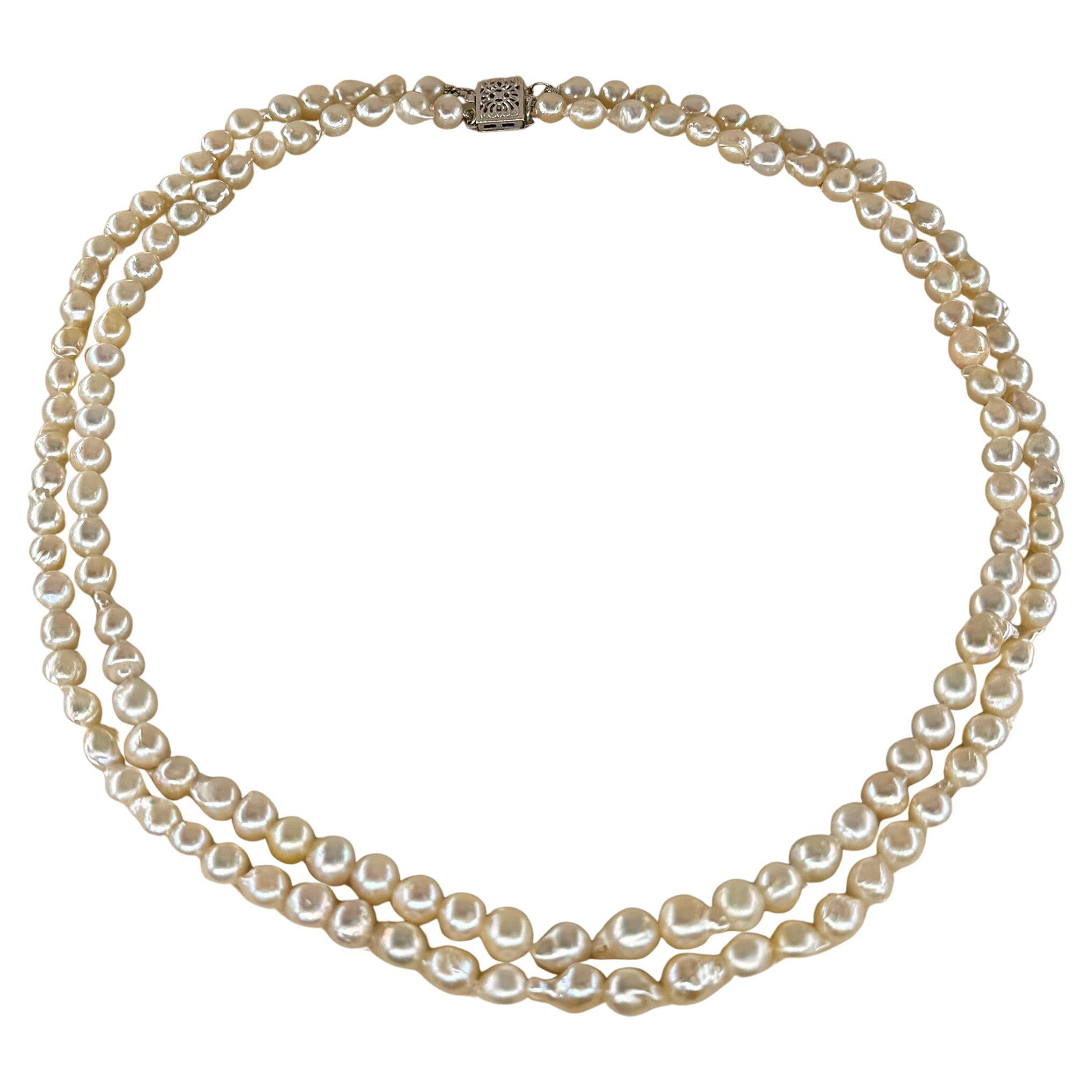 GIA Collana a 2 fili di perle Akoya barocche giapponesi in oro bianco 14K Vintage