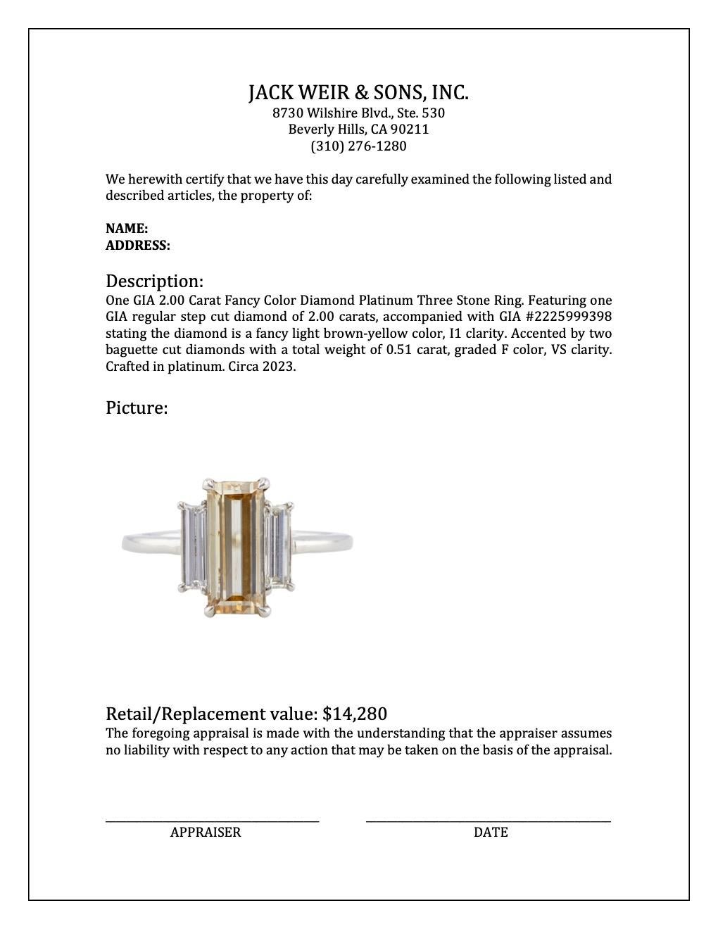 GIA 2,00 Karat Fancy Color Diamant Platin Drei Stein Ring im Angebot 2