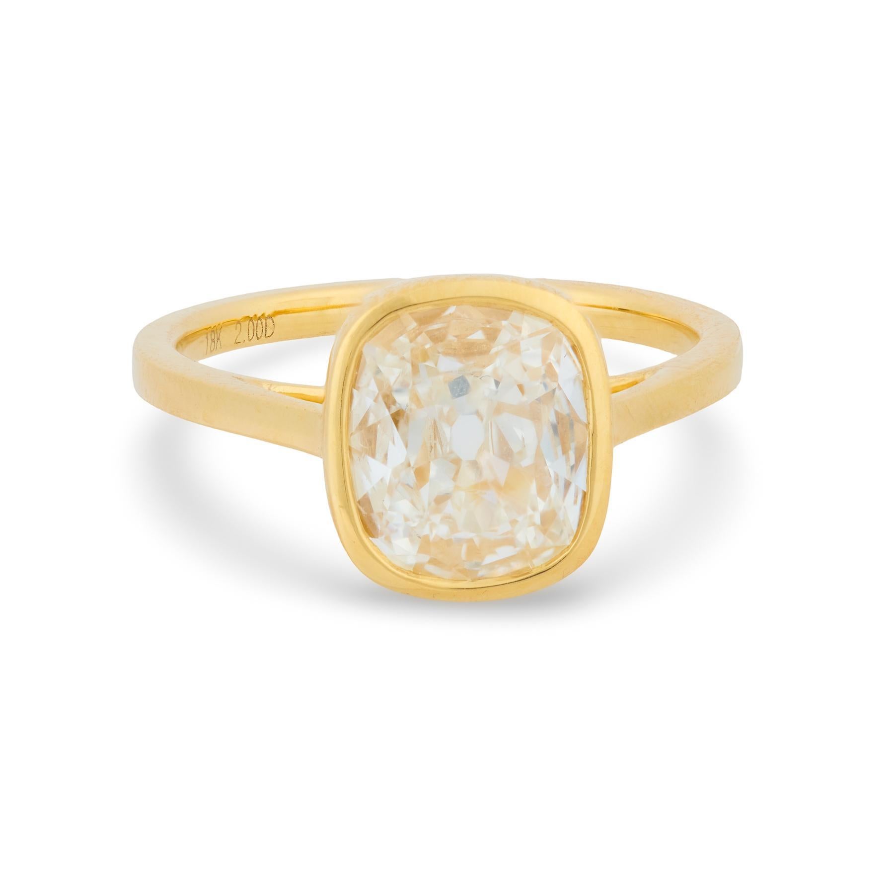 Moderne Bague de fiançailles en or jaune 18 carats GIA 2,00 carats diamant taille mine ancienne en vente