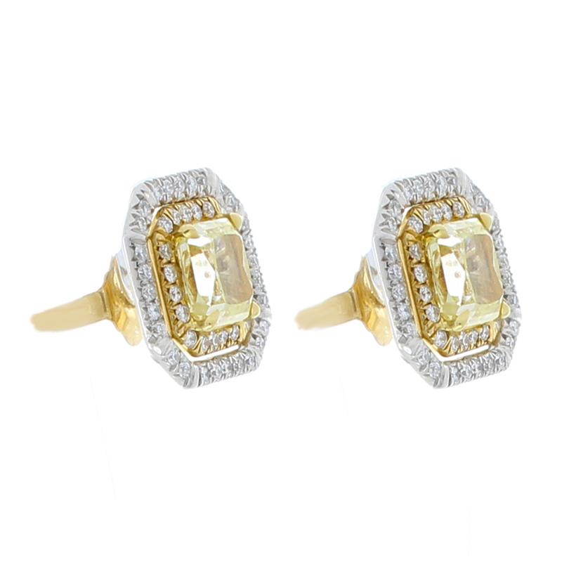 Ready, set, sparkle! These eye-catching earrings will get you noticed. Timeless and elegant, these fashionable earrings feature 2.0 carat total illuminating radiant cut fancy light yellow diamonds in the center, surrounded by two glittering halos of