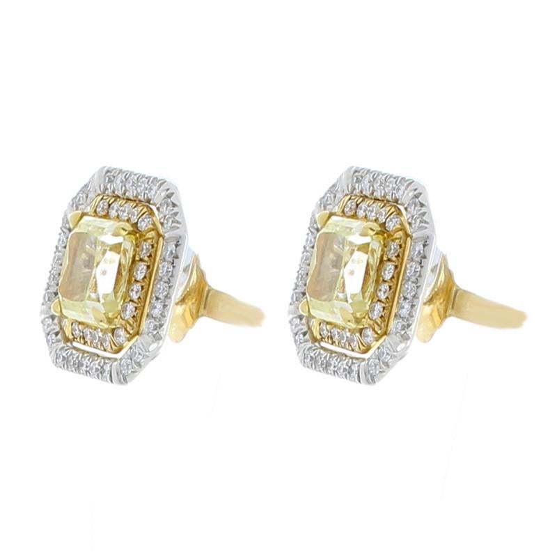 Contemporary GIA 2.00 Carat Total Radiant Cut Fancy Light Yellow Diamond Two-Tone Earring