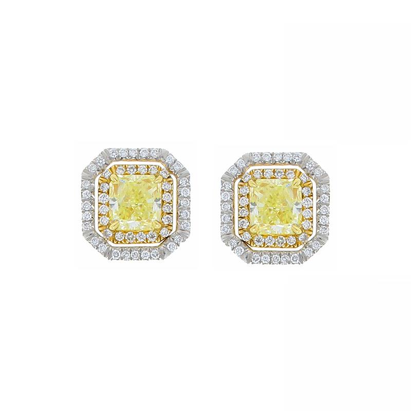 GIA 2.00 Carat Total Radiant Cut Fancy Light Yellow Diamond Two-Tone Earring