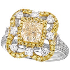 w-x color diamond GIA 2.00 Carat Cushion Center Yellow Diamond Cocktail Ring 18 Karat White Gold