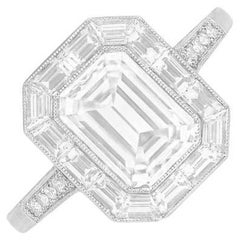 GIA 2.00ct Emerald Cut Diamond Engagement Ring, Diamond Halo, Platinum