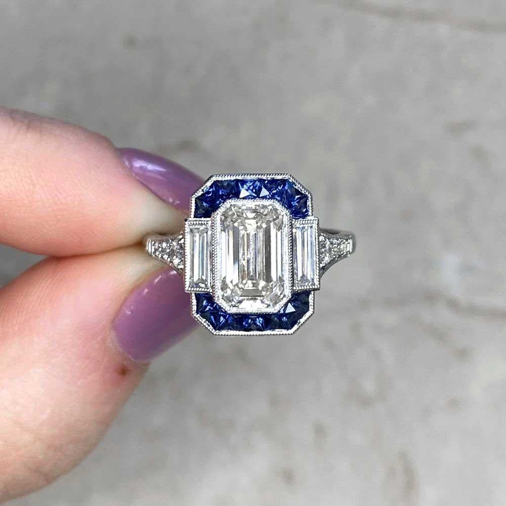 GIA 2.00ct Emerald Cut Diamond Engagement Ring, Sapphire Halo, Platinum For Sale 5