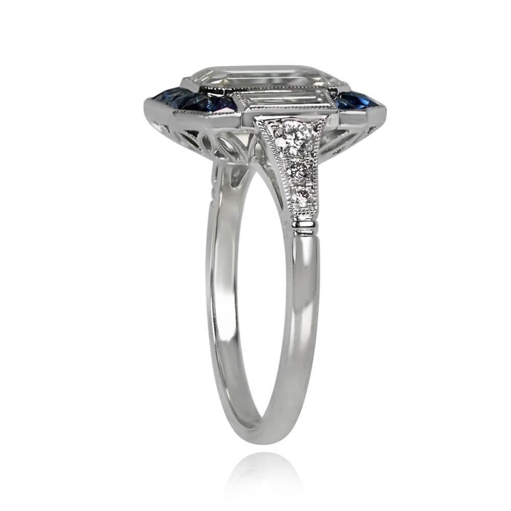 Art Deco GIA 2.00ct Emerald Cut Diamond Engagement Ring, Sapphire Halo, Platinum For Sale