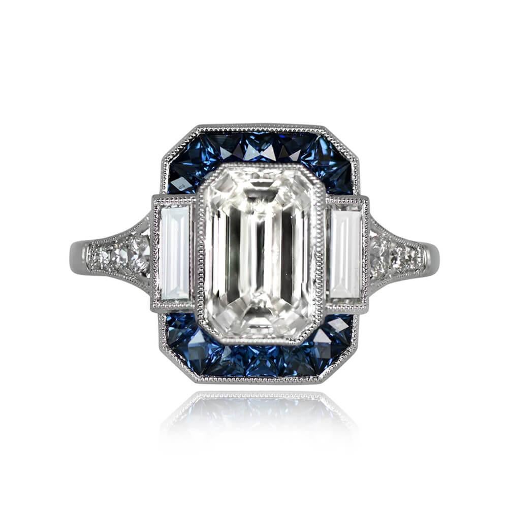 GIA 2.00ct Emerald Cut Diamond Engagement Ring, Sapphire Halo, Platinum In Excellent Condition For Sale In New York, NY