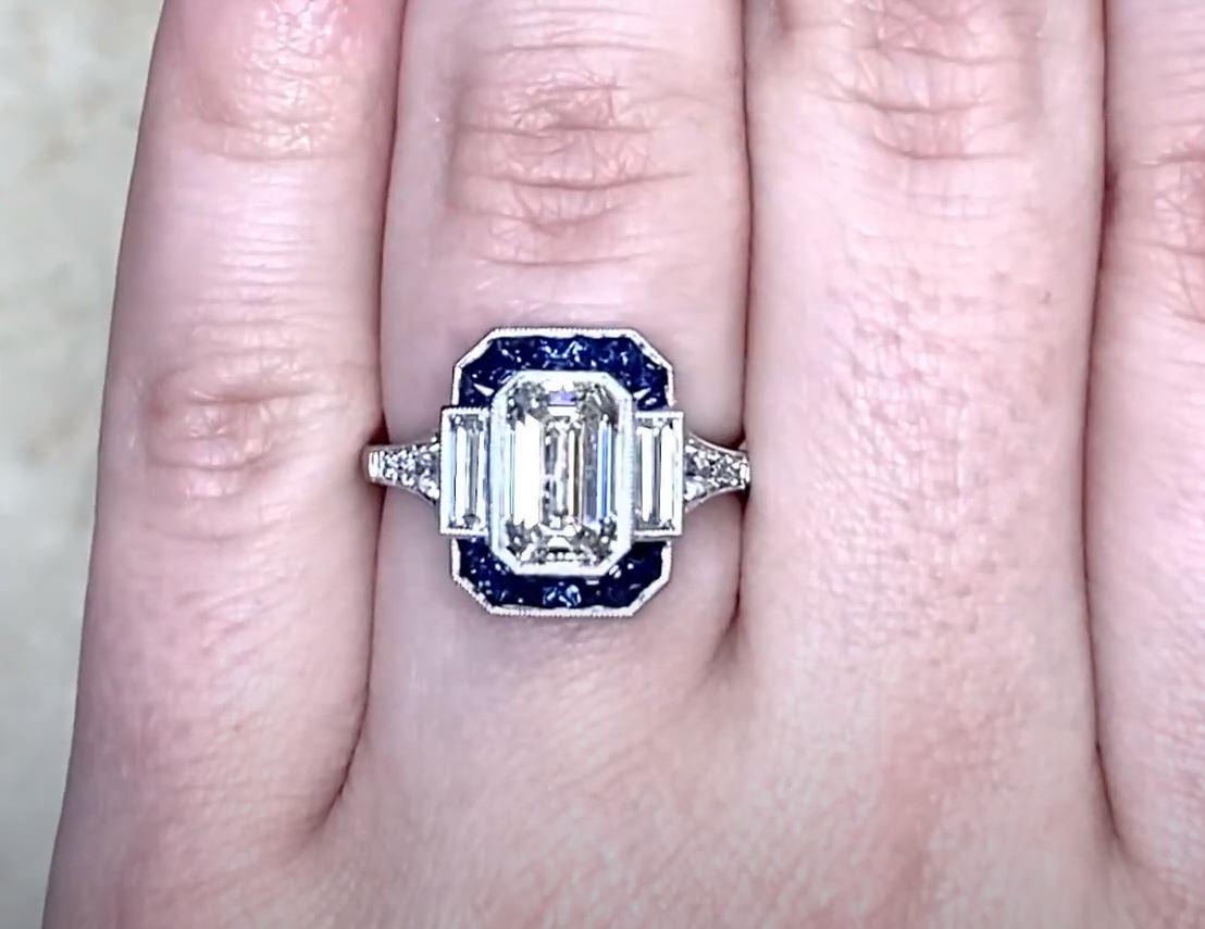 Women's GIA 2.00ct Emerald Cut Diamond Engagement Ring, Sapphire Halo, Platinum For Sale