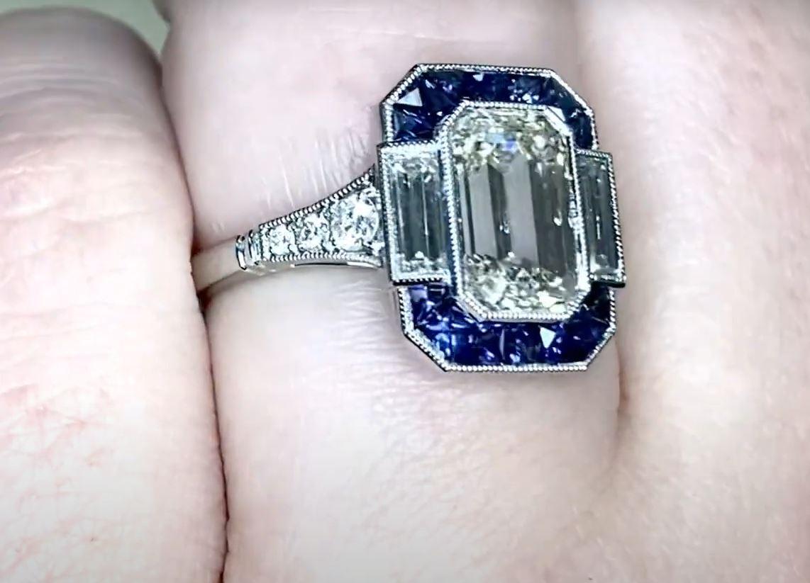 GIA 2.00ct Emerald Cut Diamond Engagement Ring, Sapphire Halo, Platinum For Sale 1