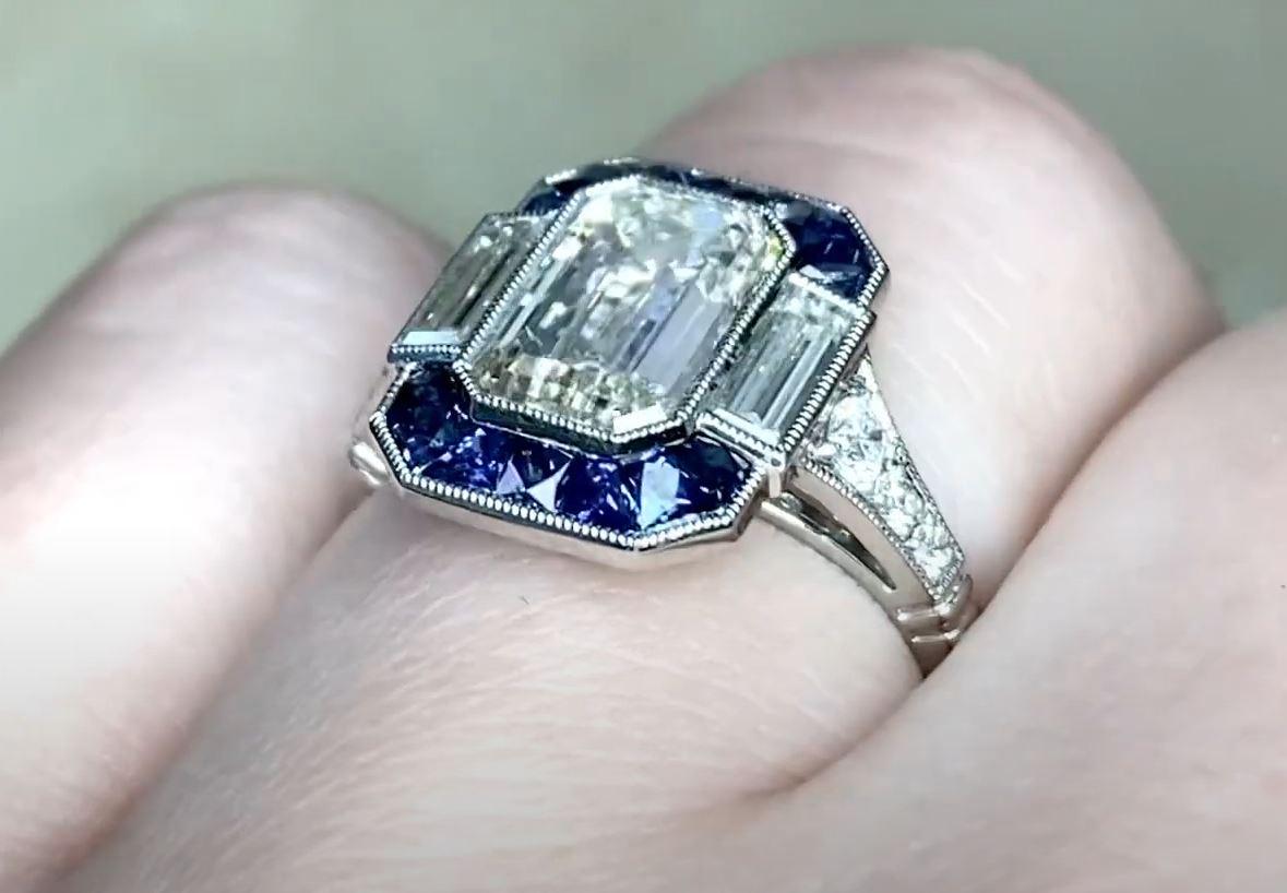 GIA 2.00ct Emerald Cut Diamond Engagement Ring, Sapphire Halo, Platinum For Sale 2