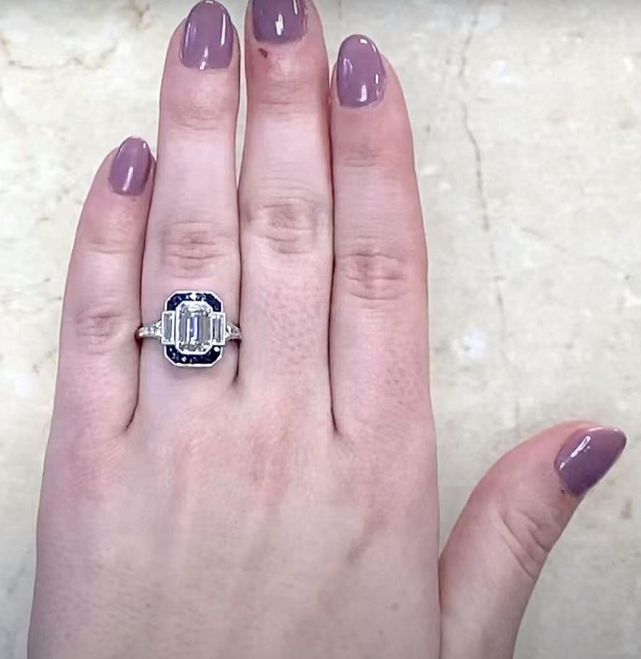 GIA 2.00ct Emerald Cut Diamond Engagement Ring, Sapphire Halo, Platinum For Sale 4