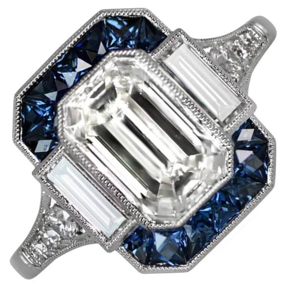 GIA 2.00ct Emerald Cut Diamond Engagement Ring, Sapphire Halo, Platinum For Sale