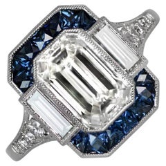 GIA 2.00ct Emerald Cut Diamond Engagement Ring, Sapphire Halo, Platinum